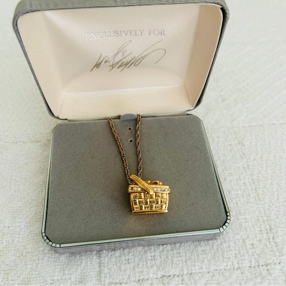 Vintage 1990s Swarovski Picnic Basket Pendant Necklace Gold-Tone & Crystal